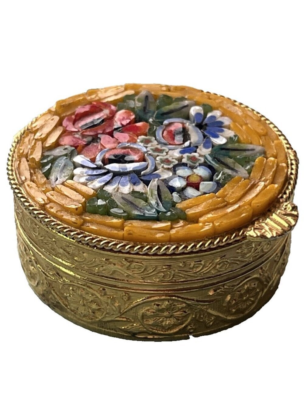 Vintage Italian Micro Mosaic Pill Box Floral Design Gold Tone Trinket Box Italy